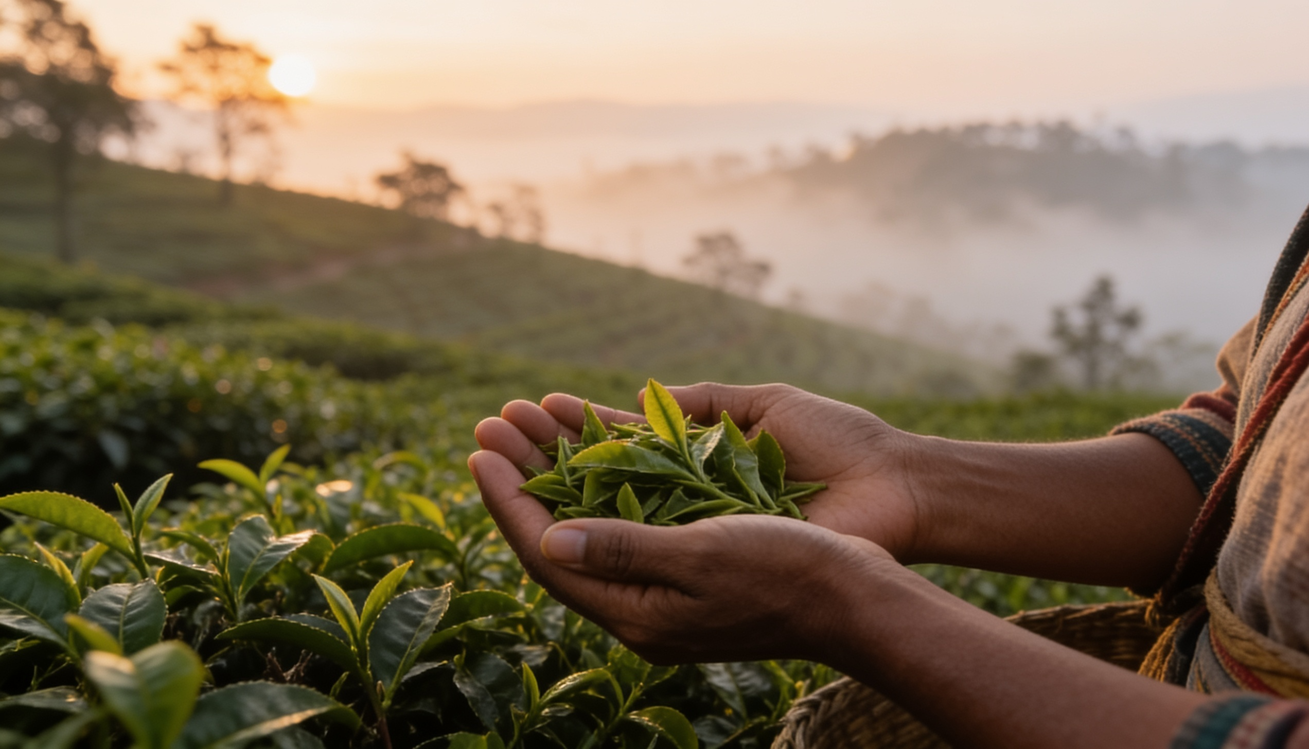 A tea picker cradling fresh green leaves at sunrise over a misty estate